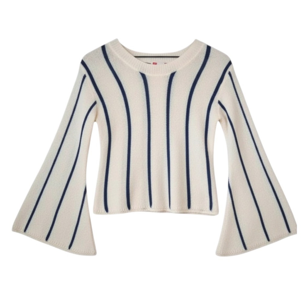 NWT C&V Chelsea Violet CREAM w/NAVY STRIPES Mesh Knit Top Sweater BELL SLVS sz S